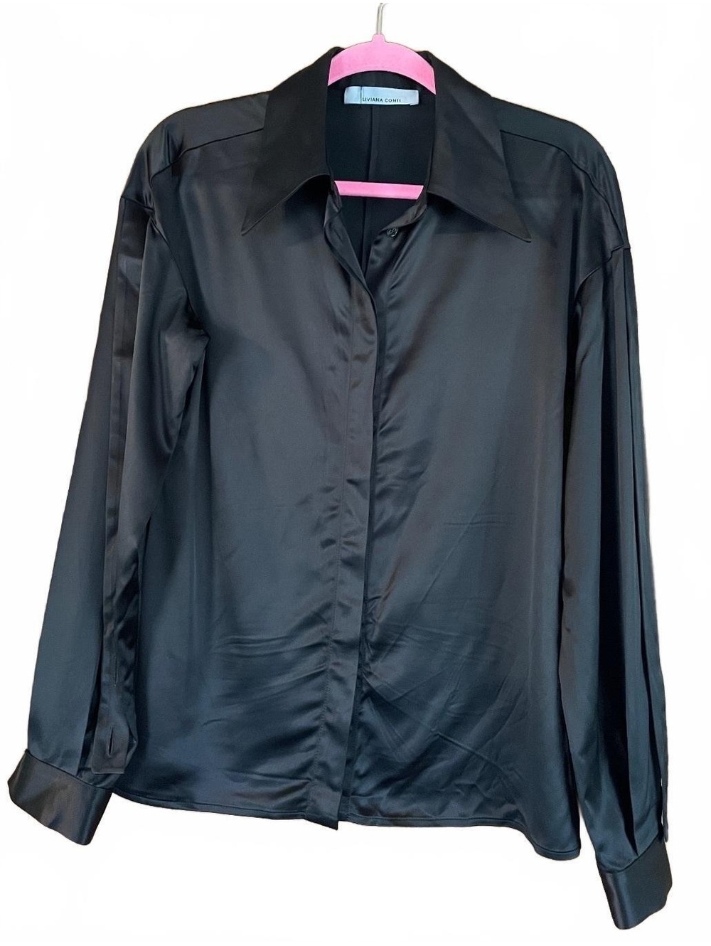 Liviana Conti Italy Women’s Size 42 (US Medium) Black Satiny Button Down Blouse